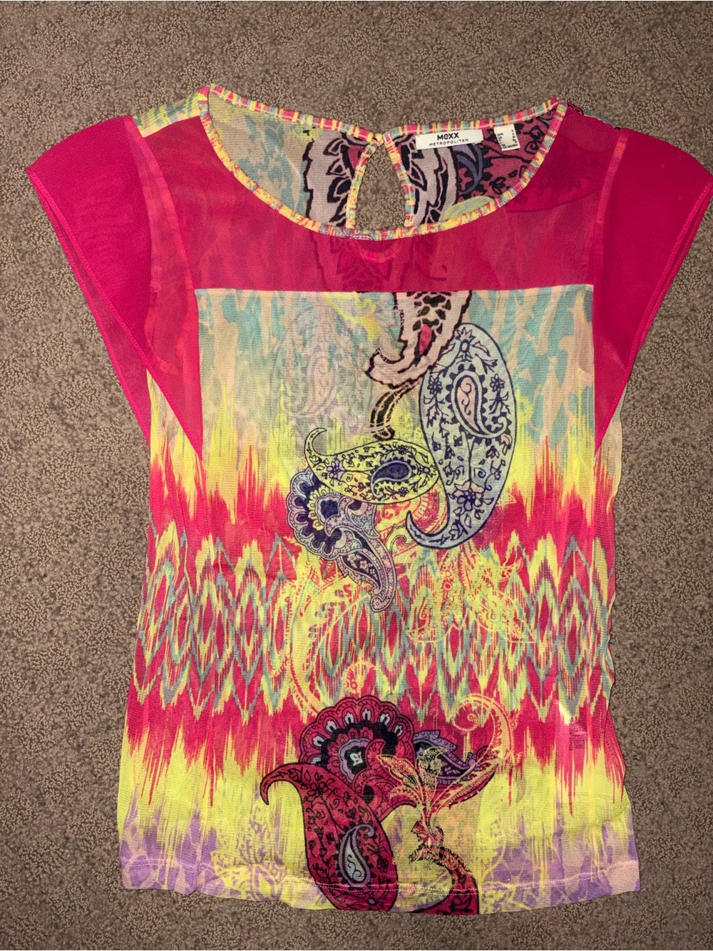 Mexx Neon Pink Paisley Sheer Cap-Sleeve Blouse